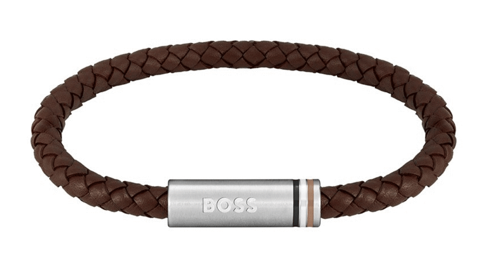 Boss Brown Braided-Leather Cuff with Magnetic Logo Closure 1580623